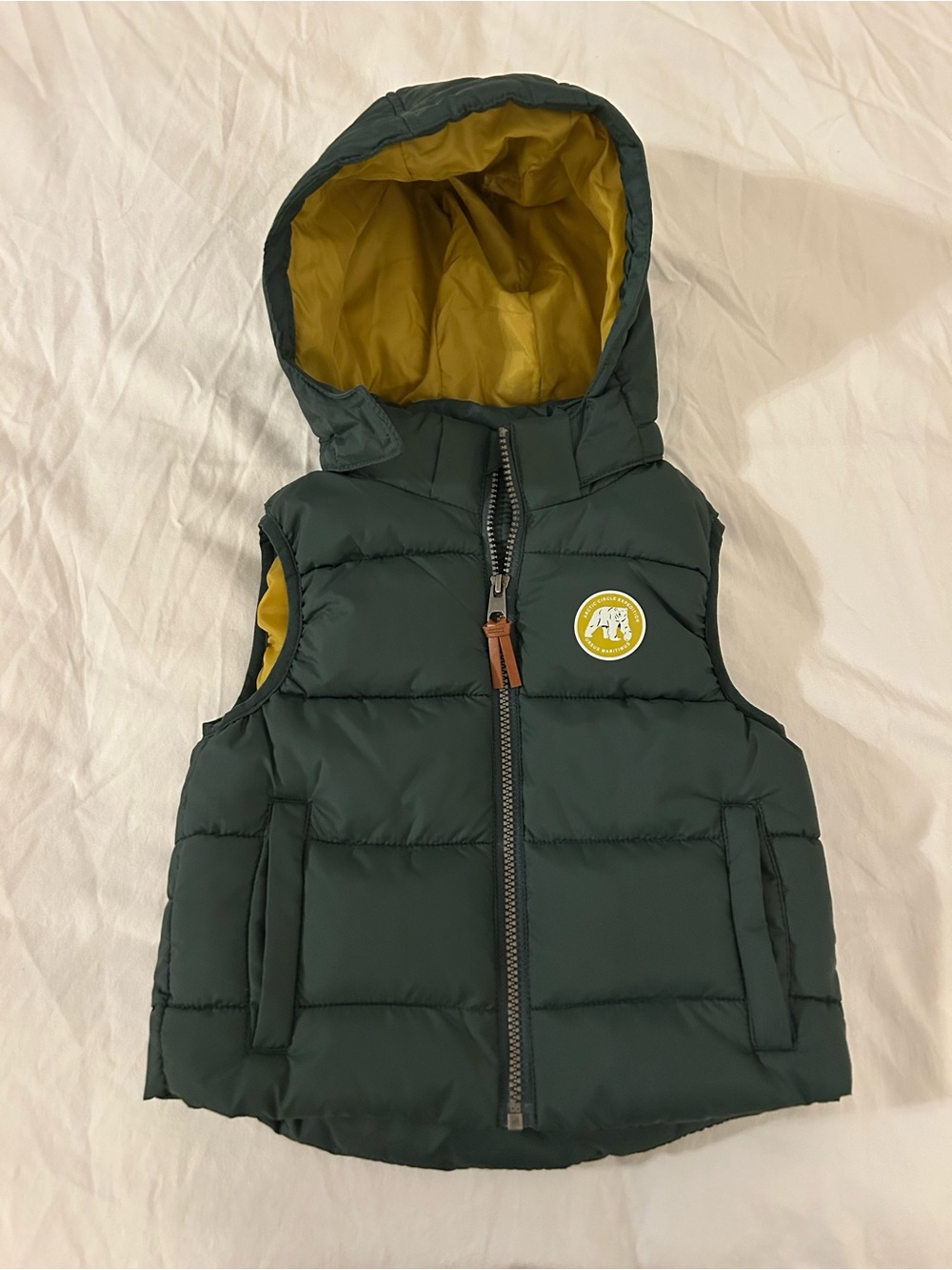 H&M Kids Hooded Puffer Vest in Dark Green and Mustard Yellow